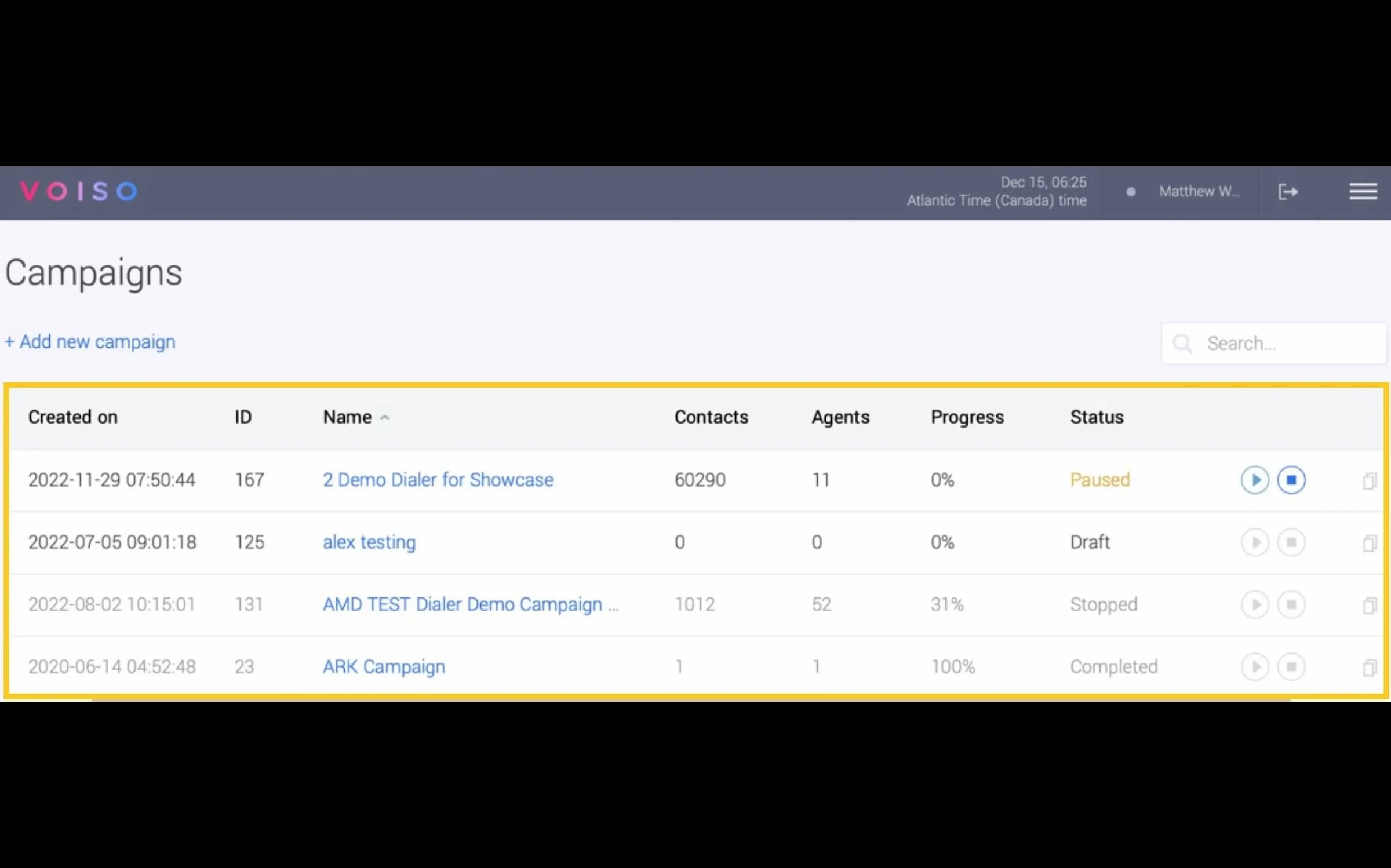 Dialer campaigns page